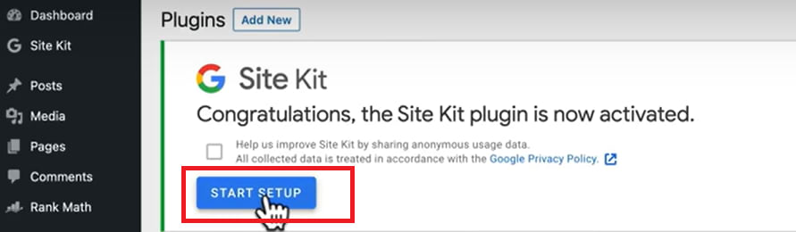 WordPress AdSense - Site Kit Start Setup button